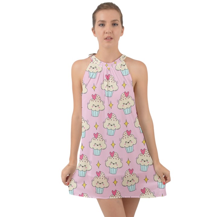 Kawaii Cupcake  Halter Tie Back Chiffon Dress