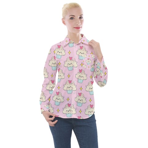 Kawaii Cupcake  Women s Long Sleeve Pocket Shirt by lisamaisak