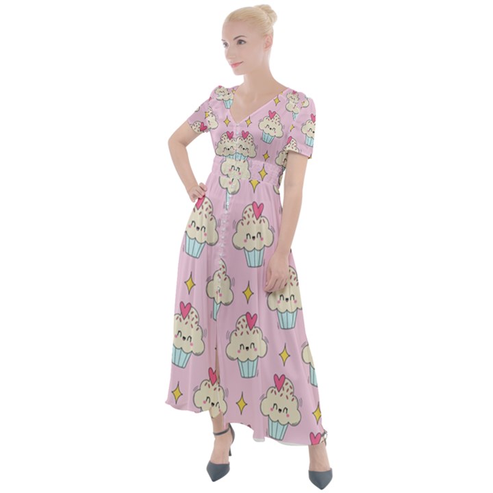 Kawaii Cupcake  Button Up Short Sleeve Maxi Dress