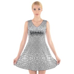 Modern Ornate Geometric Silver Pattern V-neck Sleeveless Dress by dflcprintsclothing