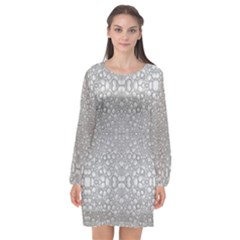 Modern Ornate Geometric Silver Pattern Long Sleeve Chiffon Shift Dress 