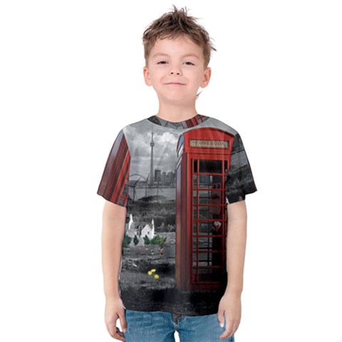 London Calling With Classic British Phonebooth - Bw & Color From Fonebook Kids  Cotton Tee by 2853937