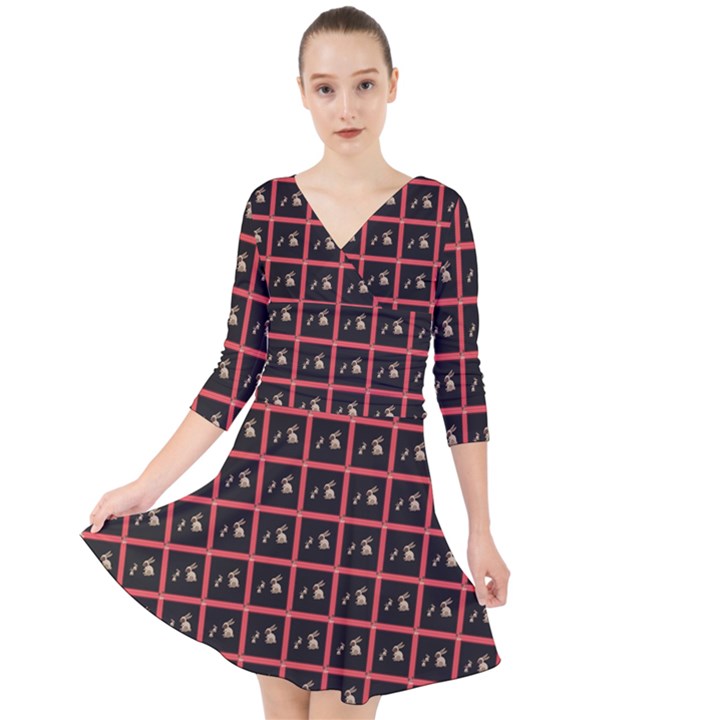 Grill Blocks Quarter Sleeve Front Wrap Dress