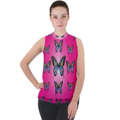 Butterfly Mock Neck Chiffon Sleeveless Top