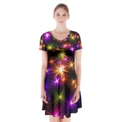 Star Colorful Christmas Abstract Short Sleeve V-neck Flare Dress by Dutashop