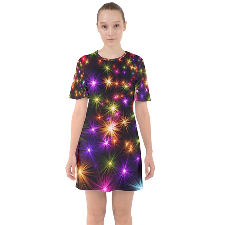 Star Colorful Christmas Abstract Sixties Short Sleeve Mini Dress