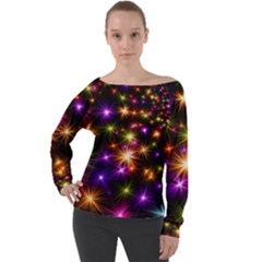 Star Colorful Christmas Abstract Off Shoulder Long Sleeve Velour Top by Dutashop