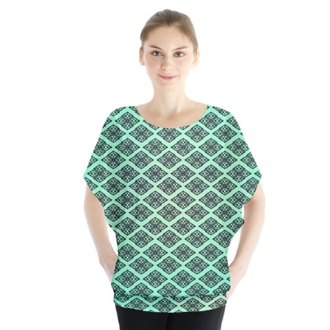 Pattern Texture Geometric Pattern Green Batwing Chiffon Blouse by Dutashop