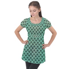 Pattern Texture Geometric Pattern Green Puff Sleeve Tunic Top by Dutashop