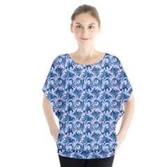 Blue Pattern Scrapbook Batwing Chiffon Blouse