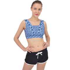 Blue Pattern Scrapbook V-back Sports Bra by Dutashop