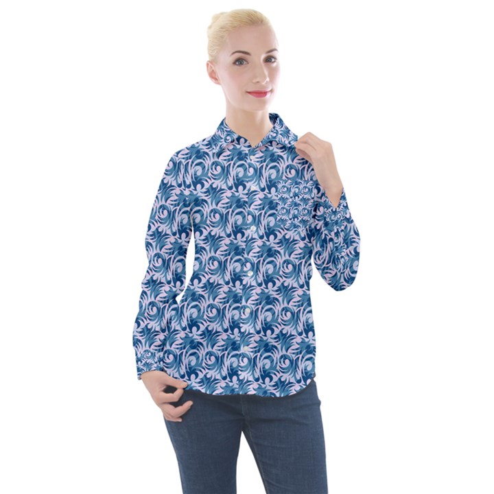 Blue Pattern Scrapbook Women s Long Sleeve Pocket Shirt