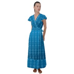 Background Texture Pattern Blue Flutter Sleeve Maxi Dress