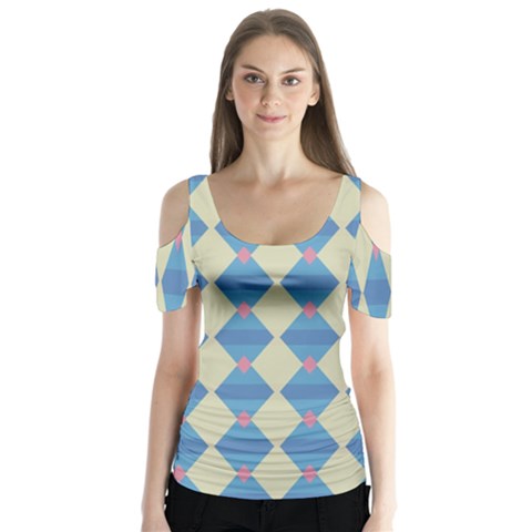 Pattern Texture Chevron Butterfly Sleeve Cutout Tee  by Dutashop