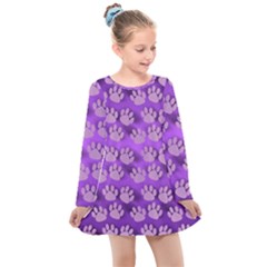 Pattern Texture Feet Dog Purple Kids  Long Sleeve Dress