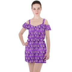 Pattern Texture Feet Dog Purple Ruffle Cut Out Chiffon Playsuit by Dutashop