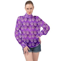 Pattern Texture Feet Dog Purple High Neck Long Sleeve Chiffon Top by Dutashop