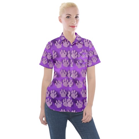 Pattern Texture Feet Dog Purple Women s Short Sleeve Pocket Shirt by Dutashop