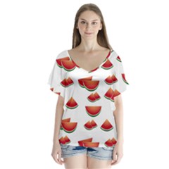 Summer Watermelon Pattern V-neck Flutter Sleeve Top by Dutashop