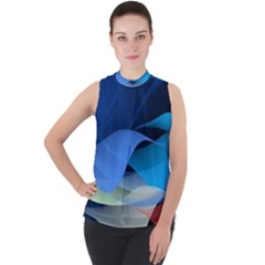 Flower Background Blue Design Mock Neck Chiffon Sleeveless Top