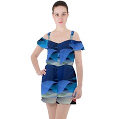 Flower Background Blue Design Ruffle Cut Out Chiffon Playsuit by Dutashop