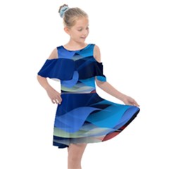 Flower Background Blue Design Kids  Shoulder Cutout Chiffon Dress