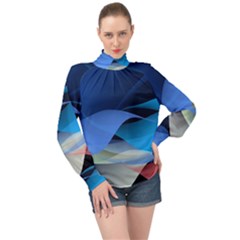 Flower Background Blue Design High Neck Long Sleeve Chiffon Top