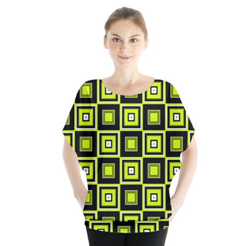 Green Pattern Square Squares Batwing Chiffon Blouse by Dutashop