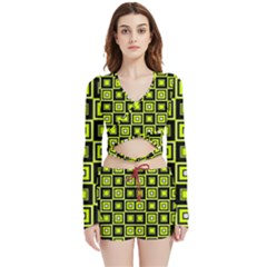 Green Pattern Square Squares Velvet Wrap Crop Top And Shorts Set