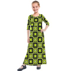 Green Pattern Square Squares Kids  Quarter Sleeve Maxi Dress