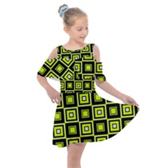 Green Pattern Square Squares Kids  Shoulder Cutout Chiffon Dress