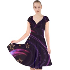 Background Abstract Star Cap Sleeve Front Wrap Midi Dress