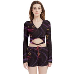 Background Abstract Star Velvet Wrap Crop Top And Shorts Set