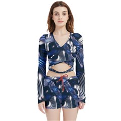 Structure Blue Background Velvet Wrap Crop Top And Shorts Set