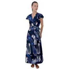 Structure Blue Background Flutter Sleeve Maxi Dress