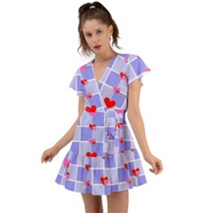 Love Hearts Valentine Decorative Flutter Sleeve Wrap Dress