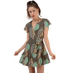 Leaf Brown Flutter Sleeve Wrap Dress