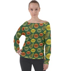 Background Fruits Several Off Shoulder Long Sleeve Velour Top by Dutashop