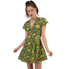 Background Fruits Several Flutter Sleeve Wrap Dress