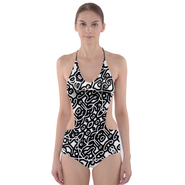 Interlace Black And White Pattern Cut-Out One Piece Swimsuit