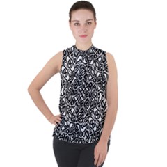 Interlace Black And White Pattern Mock Neck Chiffon Sleeveless Top