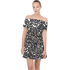 Interlace Black And White Pattern Off Shoulder Chiffon Dress by dflcprintsclothing