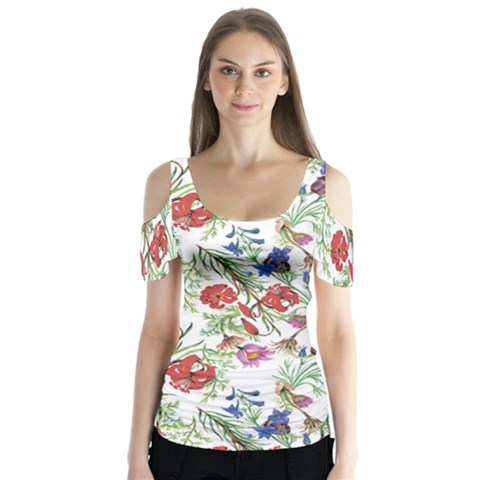 Summer Flowers Pattern Butterfly Sleeve Cutout Tee  by goljakoff