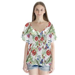 Summer flowers pattern V-Neck Flutter Sleeve Top