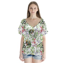 Green Flora V-neck Flutter Sleeve Top by goljakoff