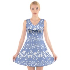 Blue White Ornament V-neck Sleeveless Dress by Eskimos