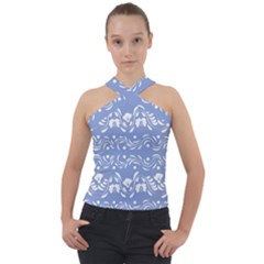 Blue White Ornament Cross Neck Velour Top by Eskimos