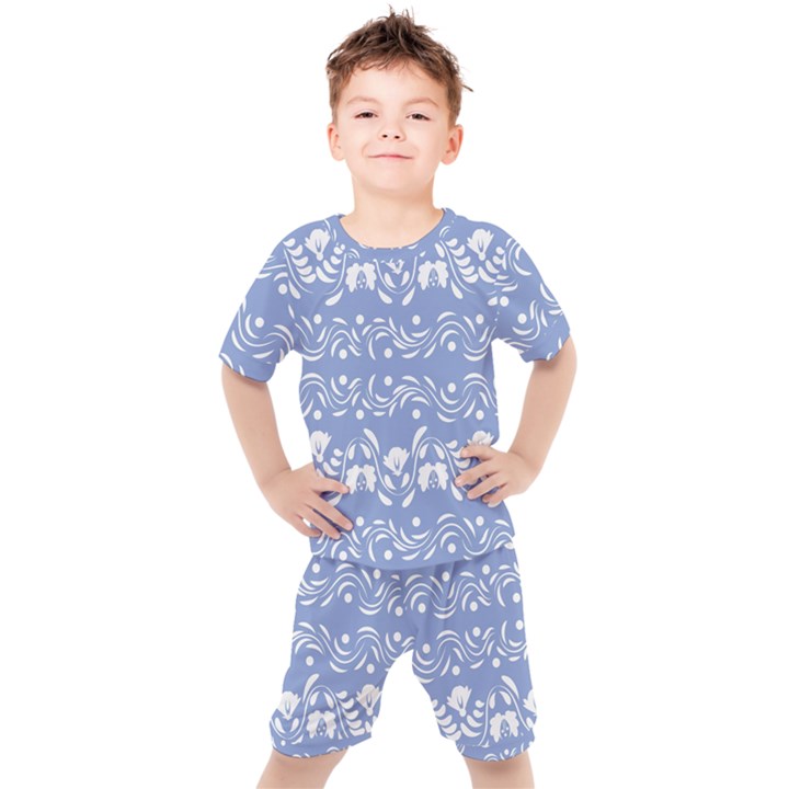 Blue white ornament Kids  Tee and Shorts Set