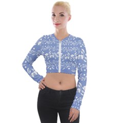 Blue White Ornament Long Sleeve Cropped Velvet Jacket by Eskimos