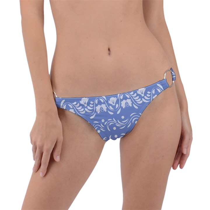 Blue white ornament Ring Detail Bikini Bottom